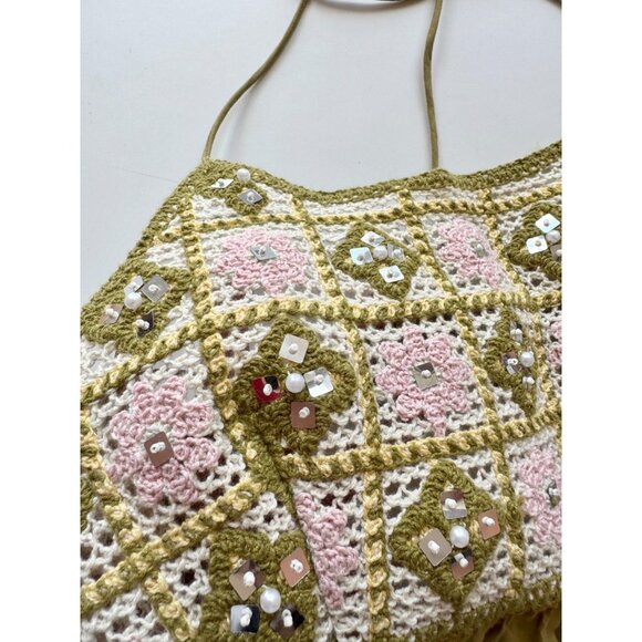 NWT ZARA Olive Green Beaded Cotton Crochet Halter Maxi Dress, Size L - Picture 7 of 16